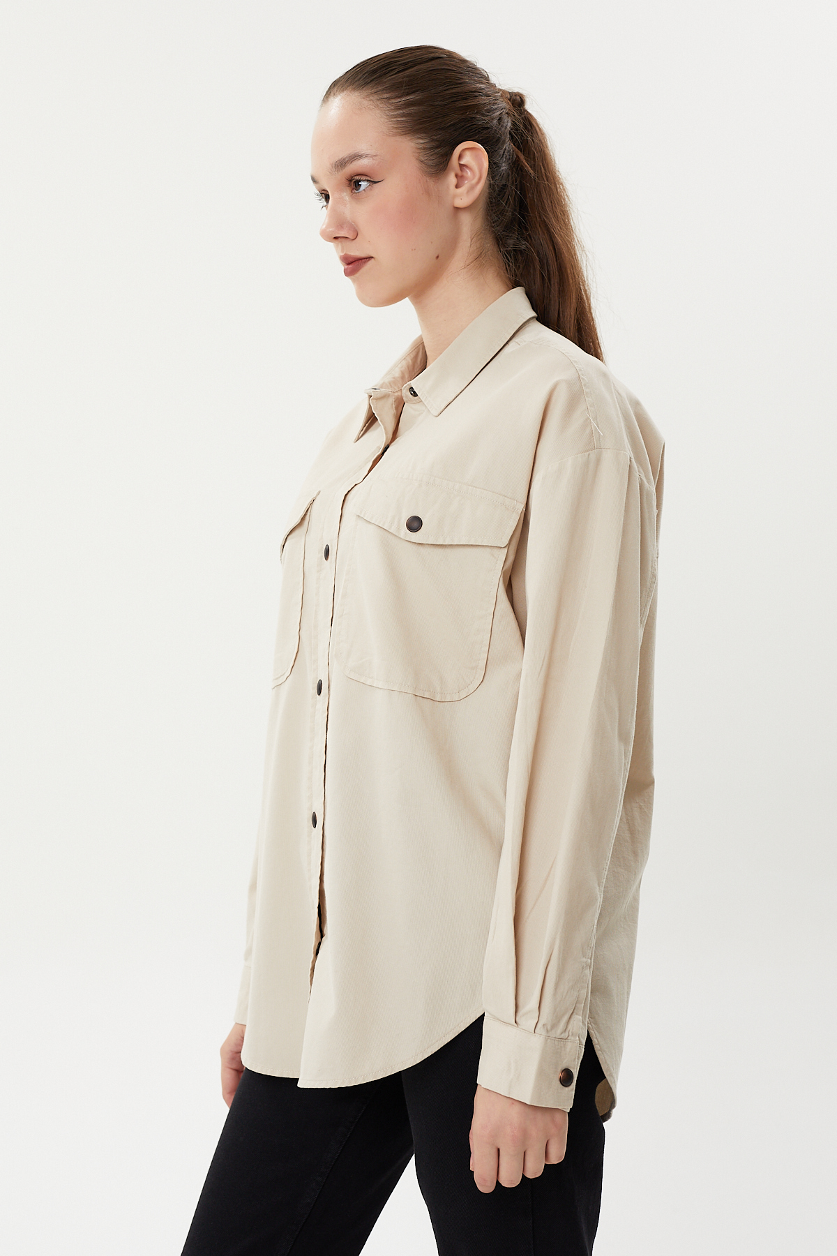 NBW TW BG 824 OVERSIZE DOKULU KANVAS GOMLEK-Bej
