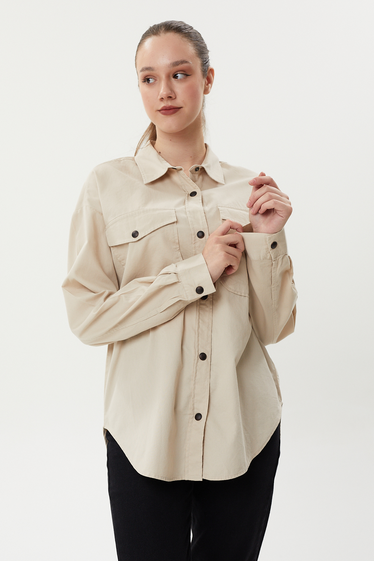 NBW TW BG 824 OVERSIZE DOKULU KANVAS GOMLEK-Bej