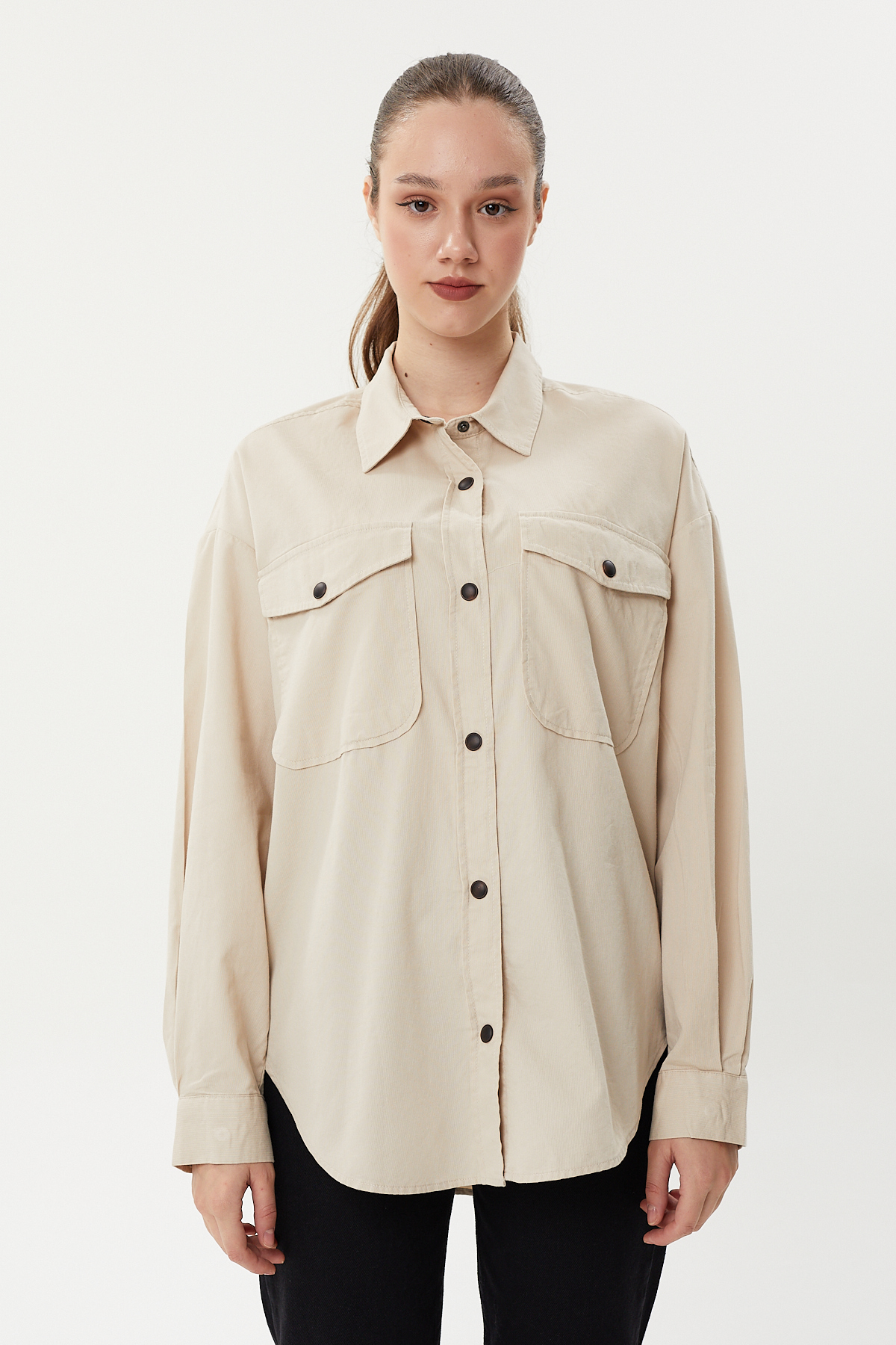 NBW TW BG 824 OVERSIZE DOKULU KANVAS GOMLEK-Bej