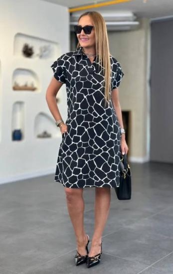 NBW RKH 1011 V YAKA AYROBIN KETEN DESENLI ELBISE-Zebra