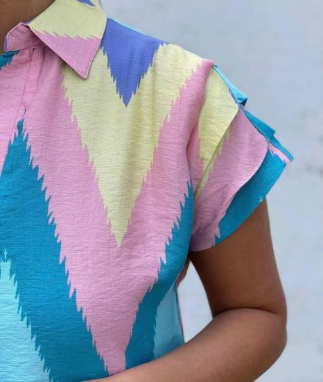 NBW RKH 1011 V YAKA AYROBIN KETEN DESENLI ELBISE-Renkli