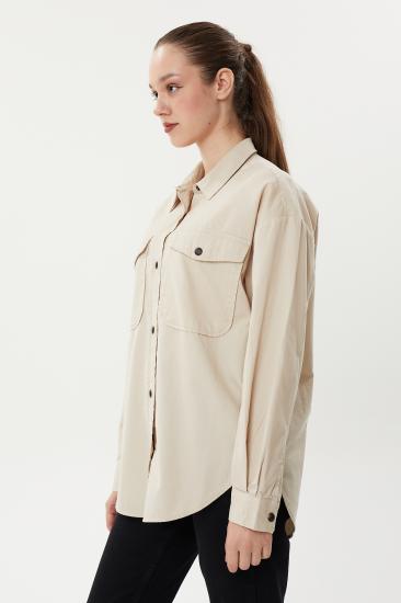 NBW TW BG 824 OVERSIZE DOKULU KANVAS GOMLEK-Bej