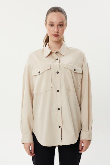 NBW TW BG 824 OVERSIZE DOKULU KANVAS GOMLEK-Bej