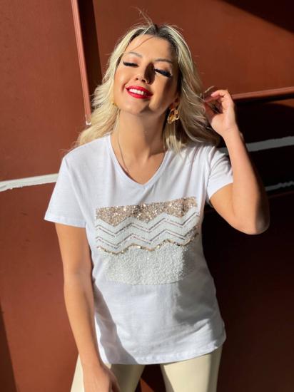 NBW RKH 1011 V YAKA PUL PAYETLI T-SHIRT-Ekru