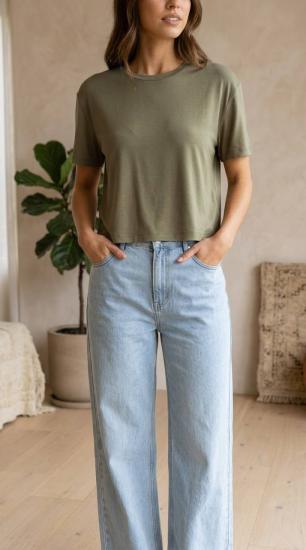 NBW TW BTS 1086 OVERSIZE MODAL YARI CROP T-SHIRT-Haki