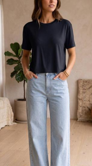 NBW TW BTS 1086 OVERSIZE MODAL YARI CROP T-SHIRT-Black